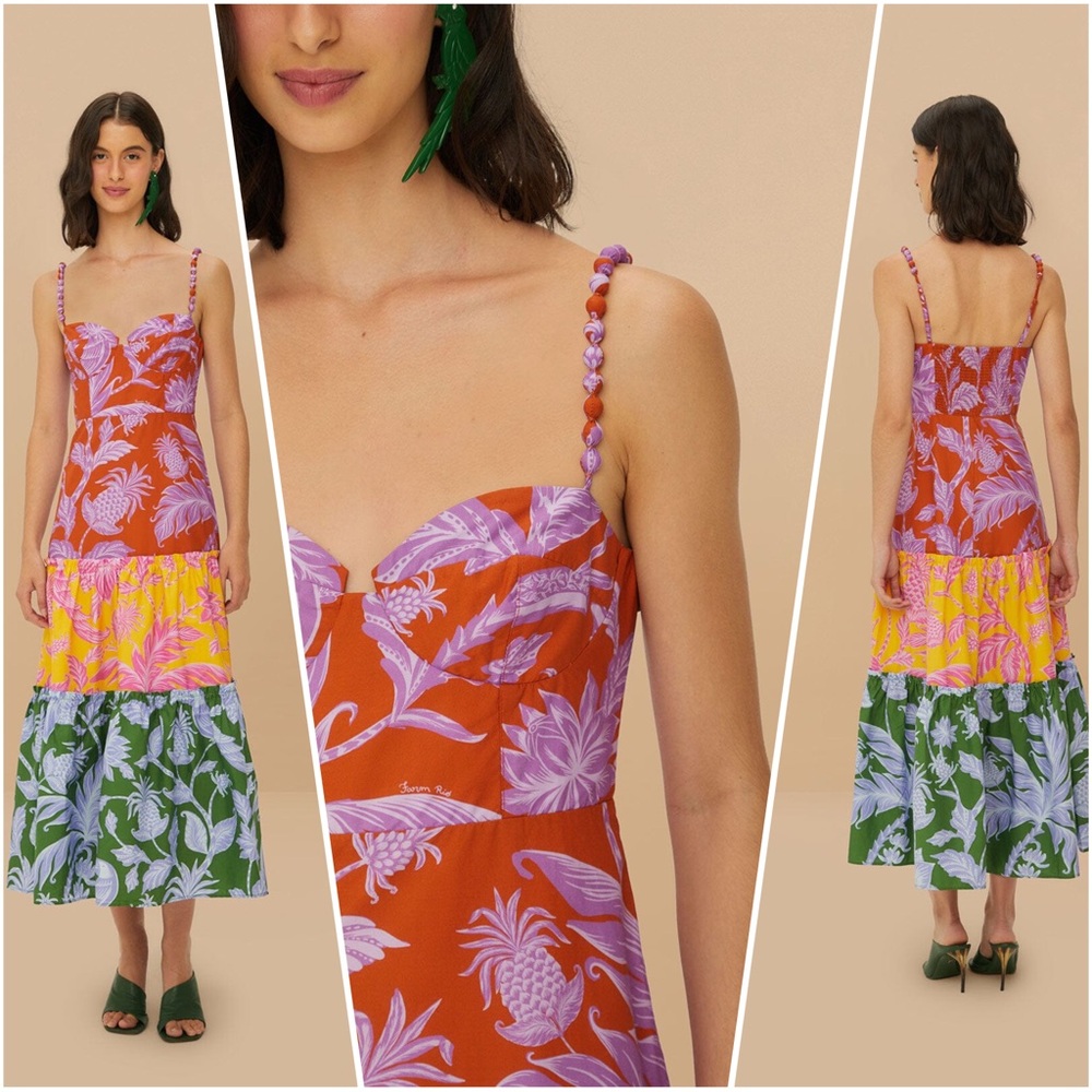 Farm Rio Mixed Tropical Swing Sleeveless Midi Dress